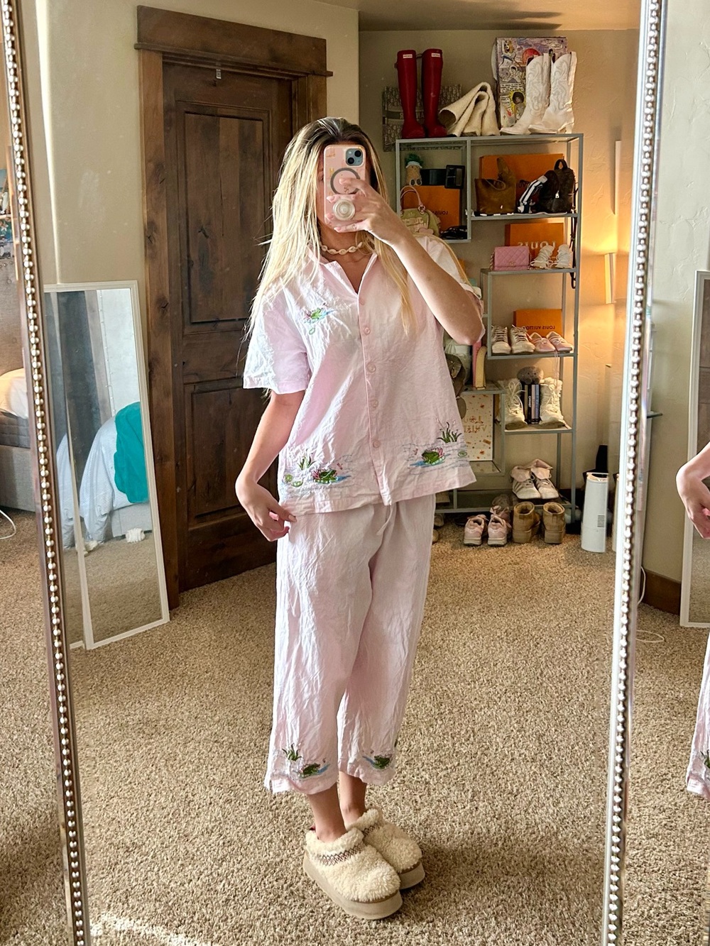 Jane Ashley Vintage 90s Enchanted Embroidered Frog Princess Pink Capri Pajamas